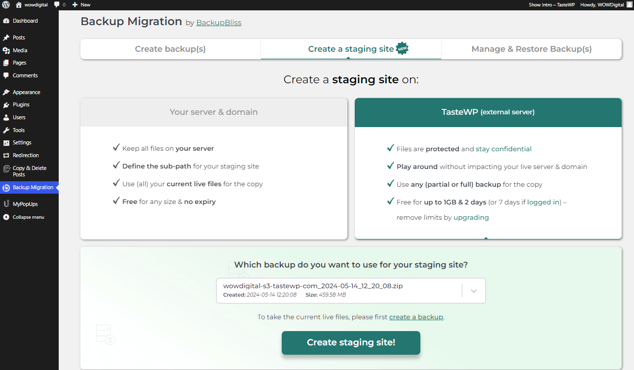 Screenshot of how to create a staging site | Wow Digital Screenshot Of How To Create A Staging Site